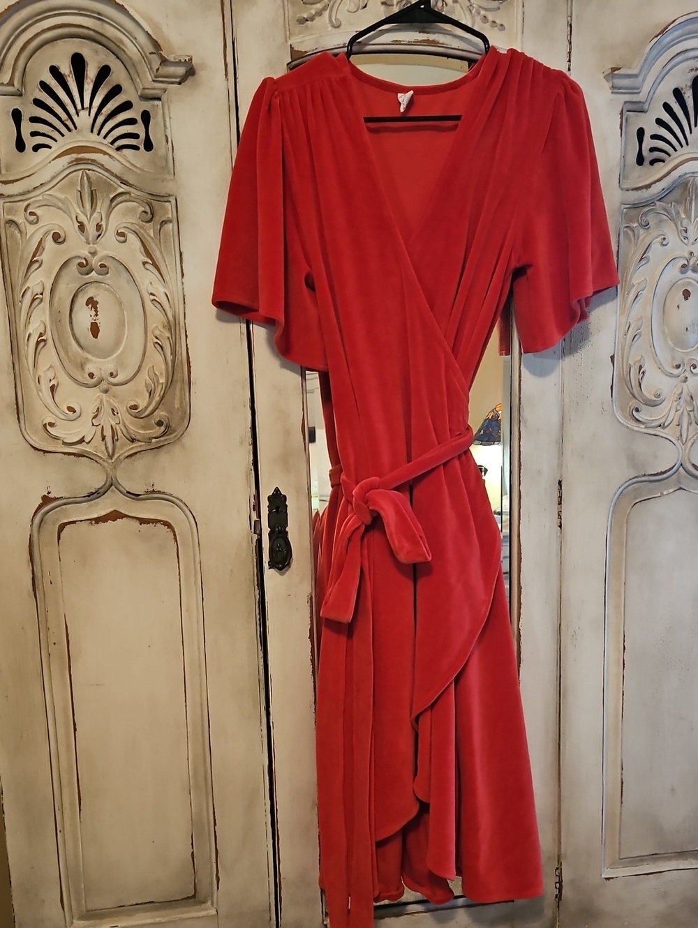 Kate Quinn Organic Cotton Wrap Dress Large Red Flutter Sleeve Midi Dress